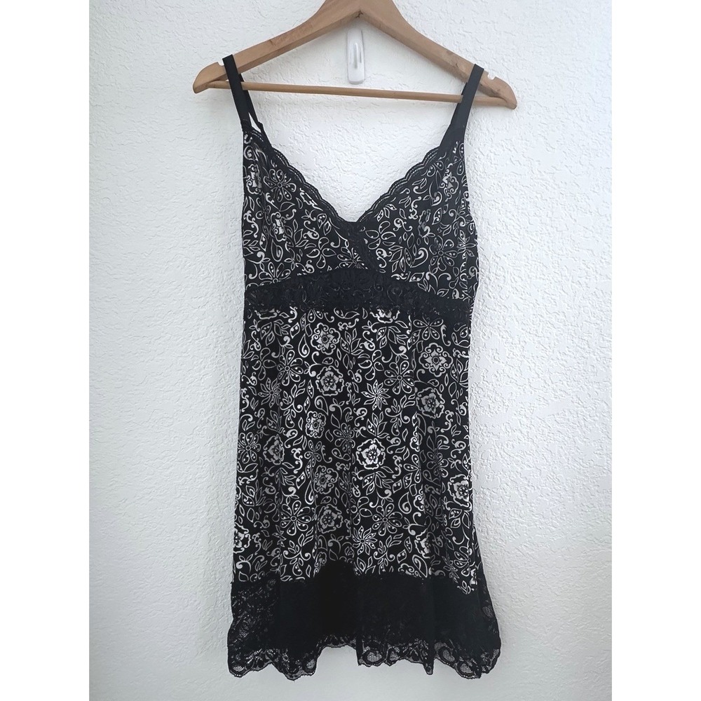 Black Floral Lace Trim Whimsigoth Y2K Body Form Babydoll Nightgown Slip WMN 1X
